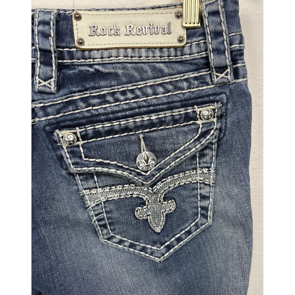 Rock Revival Bootcut Jeans Womens Noelle Embellished Y2K Whiskered Flap Pockets